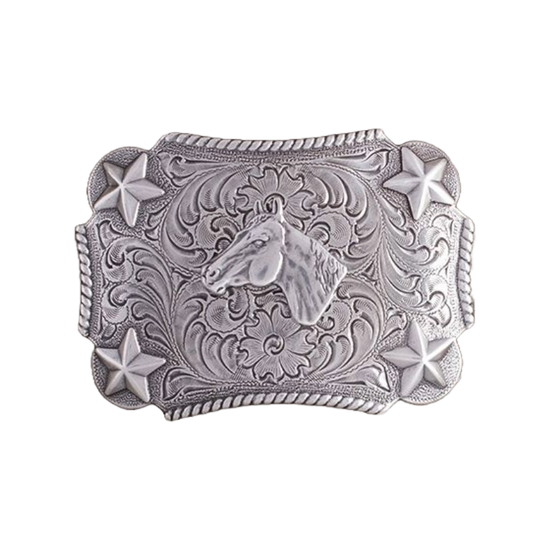 Nocona Youth Silver Rectangular Horse Star Belt Buckle 3603007