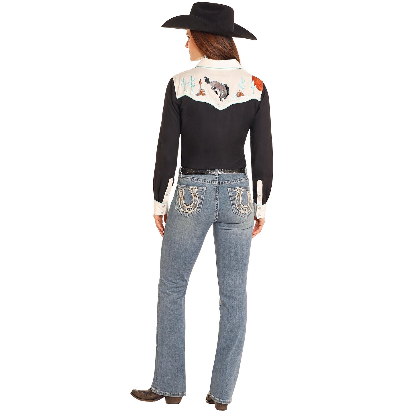 Panhandle Ladies Retro Horse Embroidery Black Snap Shirt LWN2S04693