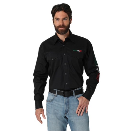 Wrangler® Men's Mexico Flag Black Logo Western Snap Shirt 112317124