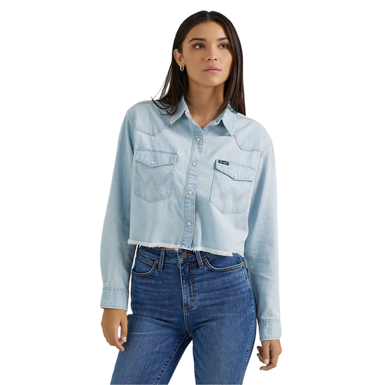 Wrangler Retro Ladies Light Wash Cut-Off Boyfriend Denim Shirt 112356656