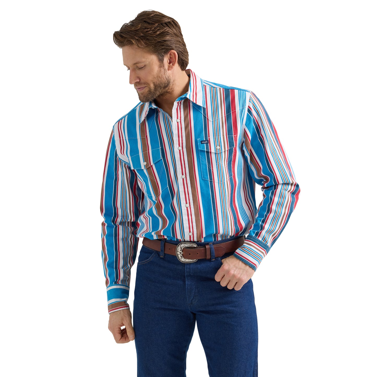 Wrangler Men's Vintage Striped Blue Western Snap Shirt 112360106