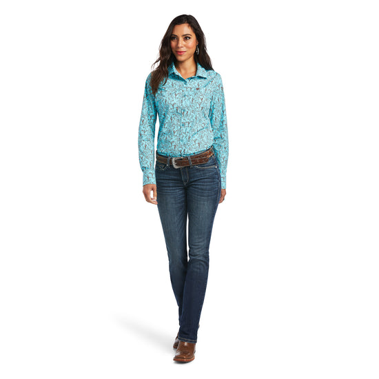 Ariat® Ladies Amazonite Bucking Bronc Print Button Down Shirt 10040582