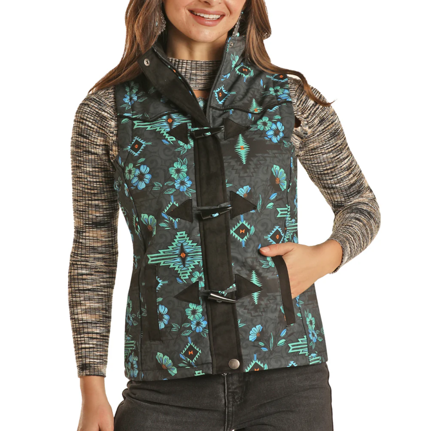 Powder River Outfitters Ladies Floral Aztec Printed Black Vest DW98C01508-01