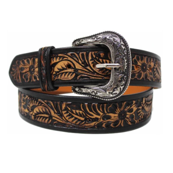 Challenger Men's Floral Tooled Leather Brown & Black Belt 26FK19