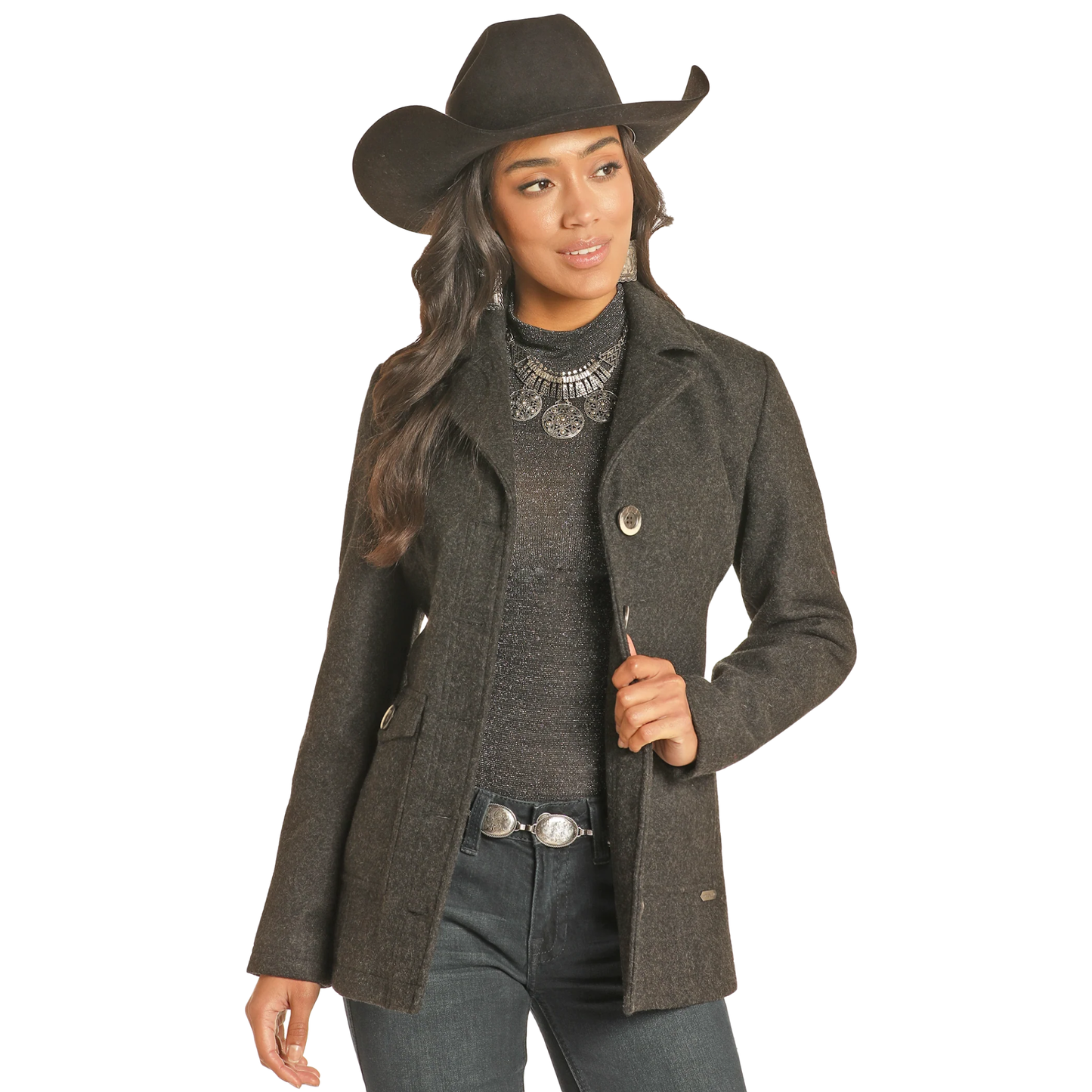 Powder River Outfitters Ladies Solid Black Wool Coat DW92C04129 01