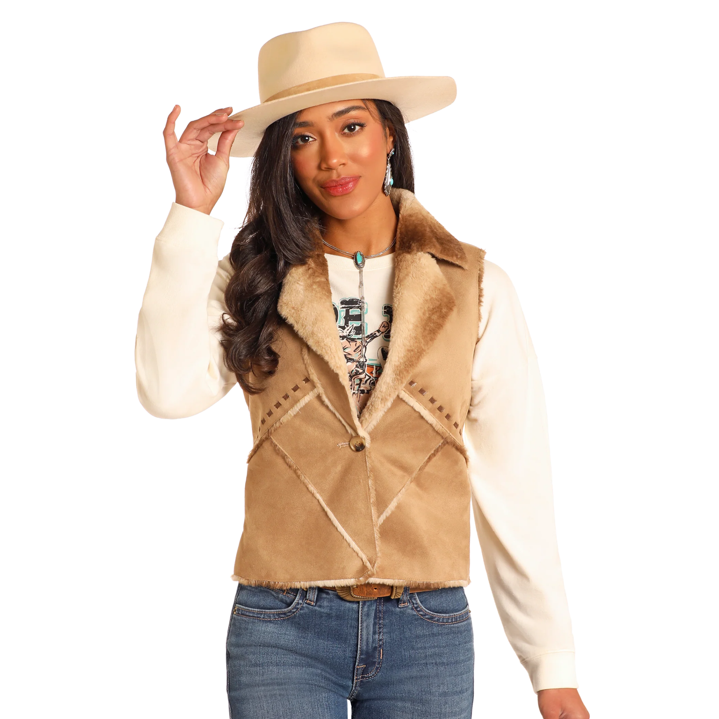 Powder River Outfitters Ladies Micro Suede Faux Fur Camel Vest DW98C04150