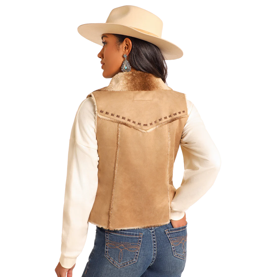 Powder River Outfitters Ladies Micro Suede Faux Fur Camel Vest DW98C04150