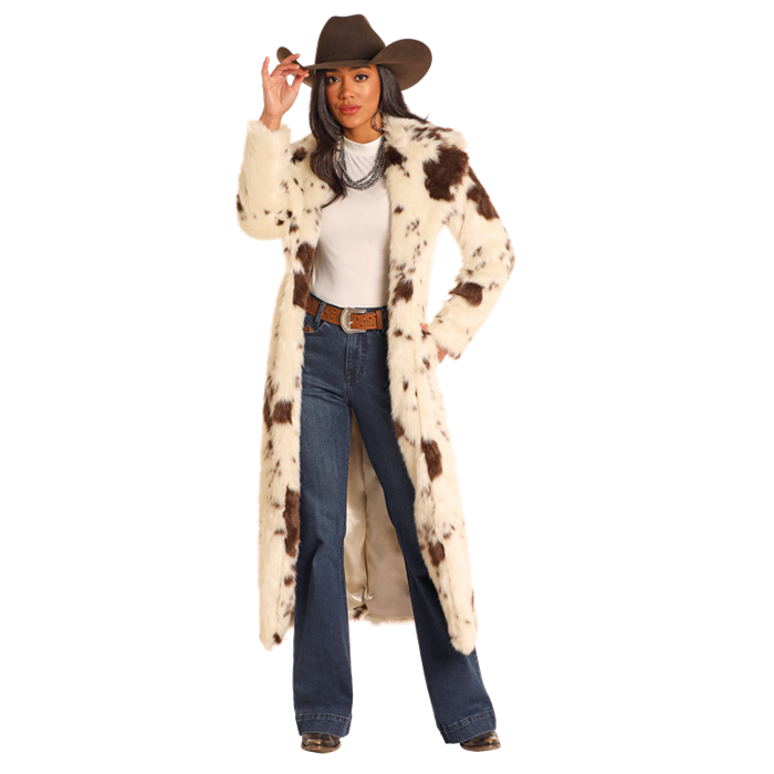 Powder River Outfitters Ladies Cow Print Natural Long Fur Coat DW92C04155