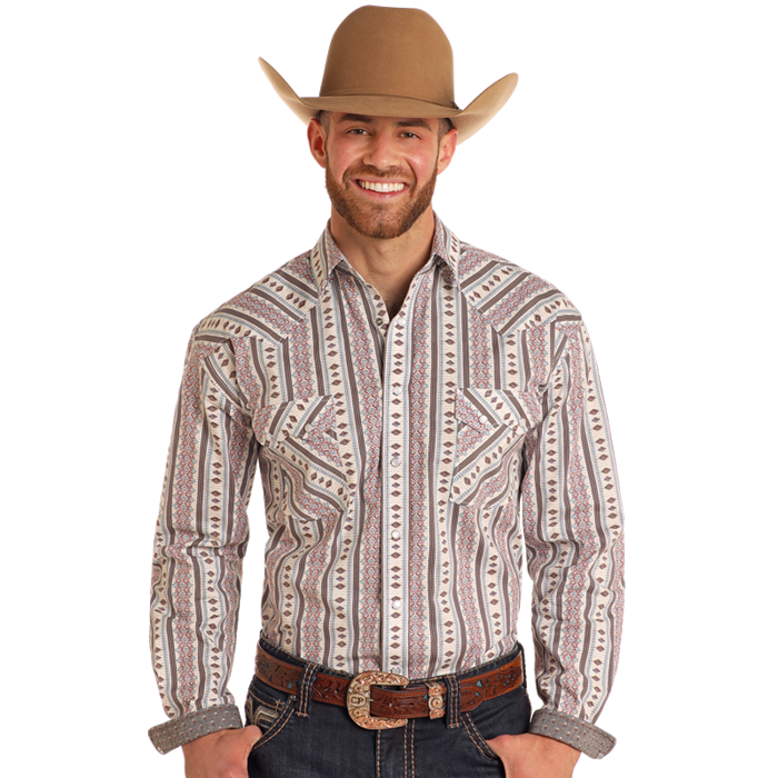 Rough Stock Men's Western Striped Aztec Cream Snap Shirt RMN2S05101