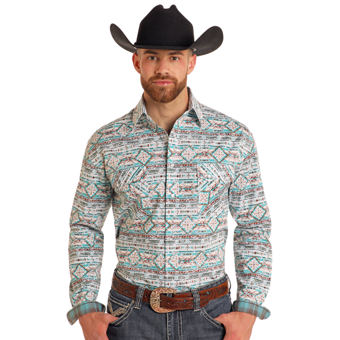 Rough Stock Men's Southwestern Distressed Turquoise Snap Shirt RMN2S05121