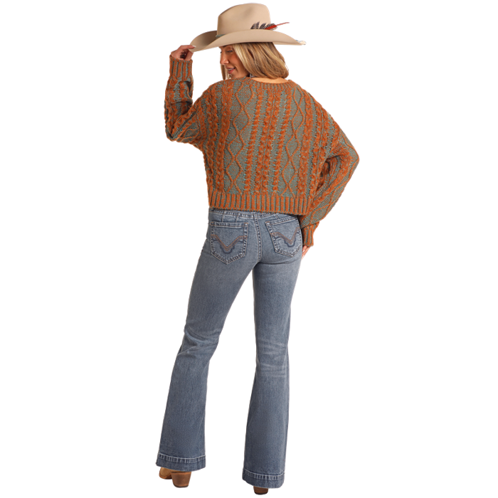 Rock & Roll Denim Ladies Cable Knit Burnt Orange Boxy Sweater BW32T05271-92