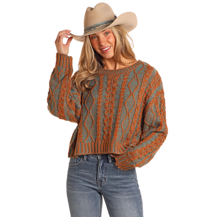 Rock & Roll Denim Ladies Cable Knit Burnt Orange Boxy Sweater BW32T05271-92