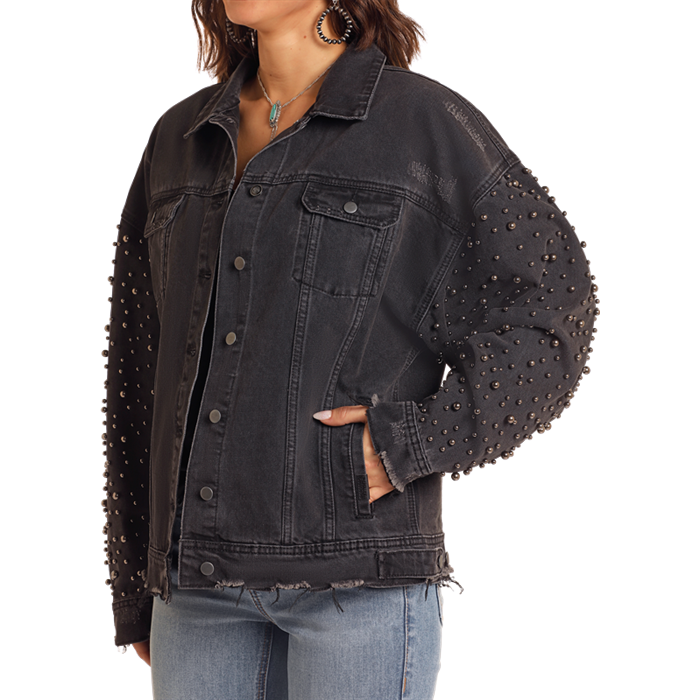 Rock & Roll Ladies Black Distressed Pearl Sleeve Jacket BW92D05348