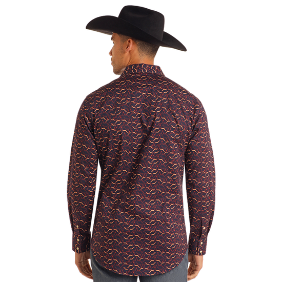 Rock & Roll Men's Longhorn Print Burgundy Snap Shirt BMN2S05458