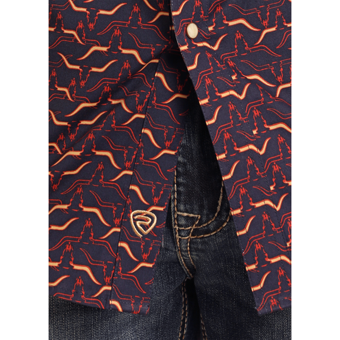 Rock & Roll Men's Longhorn Print Burgundy Snap Shirt BMN2S05458