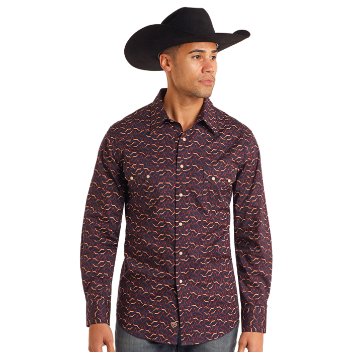 Rock & Roll Men's Longhorn Print Burgundy Snap Shirt BMN2S05458