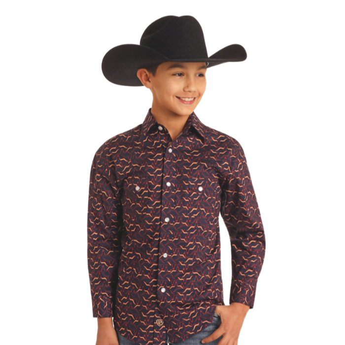 Rock & Roll Boy's Longhorn Printed Burgundy Snap Shirt BBN2S05458