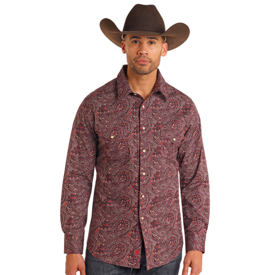 Rock & Roll Men's Paisley Print Burgundy Snap Shirt BMN2S05460