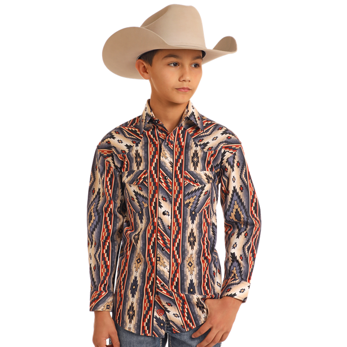 Rock & Roll Boy's Southwestern Print Burgundy Snap Shirt BBN2S05462