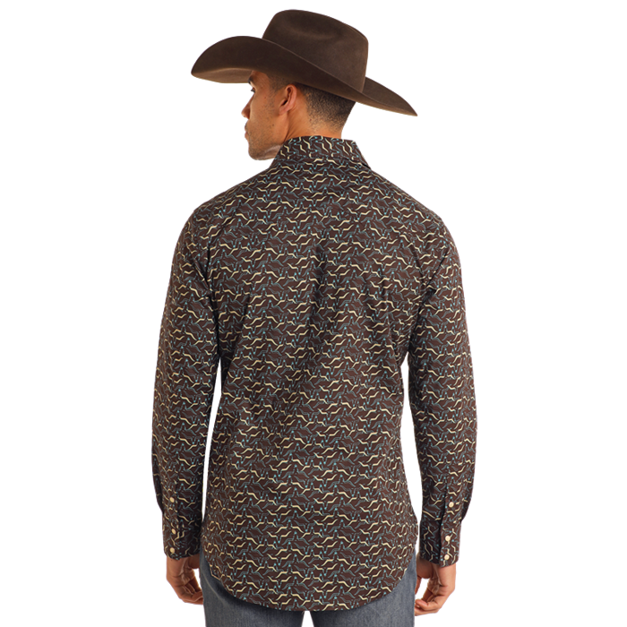 Rock & Roll Denim Men's Longhorn Printed Turquoise Snap Shirt BMN2S05473