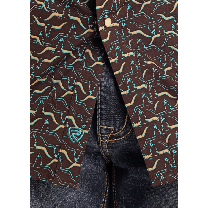 Rock & Roll Denim Men's Longhorn Printed Turquoise Snap Shirt BMN2S05473