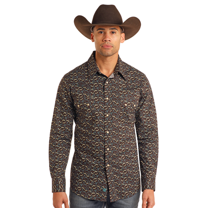 Rock & Roll Denim Men's Longhorn Printed Turquoise Snap Shirt BMN2S05473