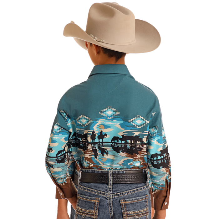 Panhandle Boy's Cowboy Border Print Peacock Snap Shirt SBN2S05596