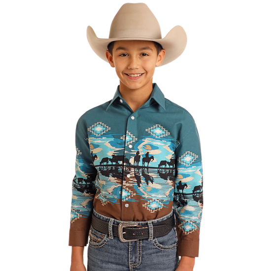 Panhandle Boy's Cowboy Border Print Peacock Snap Shirt SBN2S05596