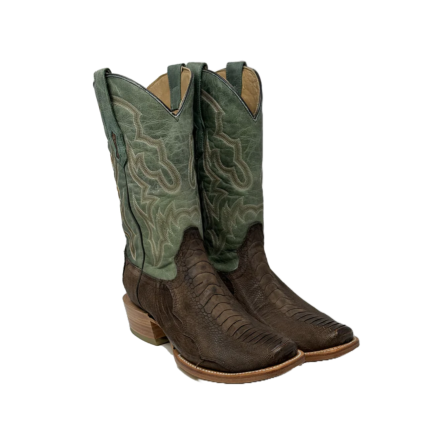 Corral Men's Tan & Green Ostrich Leg Embroidery Square Toe Boots A4292