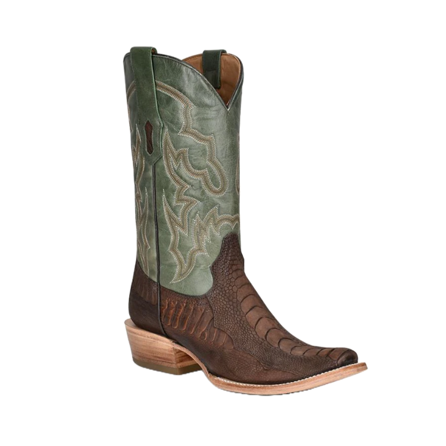 Corral Men's Tan & Green Ostrich Leg Embroidery Square Toe Boots A4292