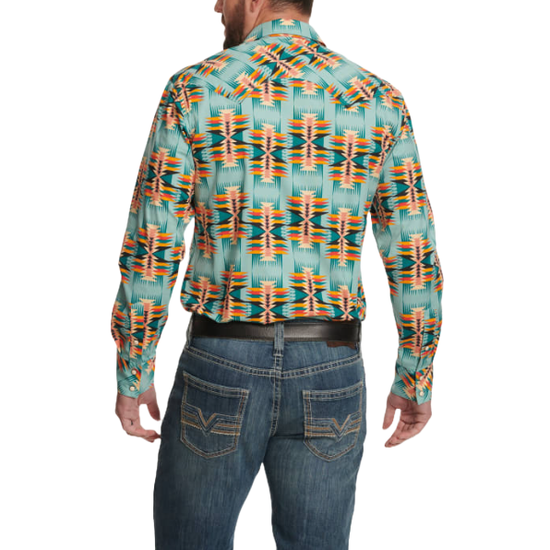 Rock & Roll Denim Men's Aztec Print Woven Dale Teal Snap Shirt BMN2S04727