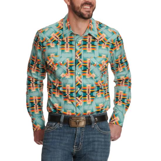 Rock & Roll Denim Men's Aztec Print Woven Dale Teal Snap Shirt BMN2S04727