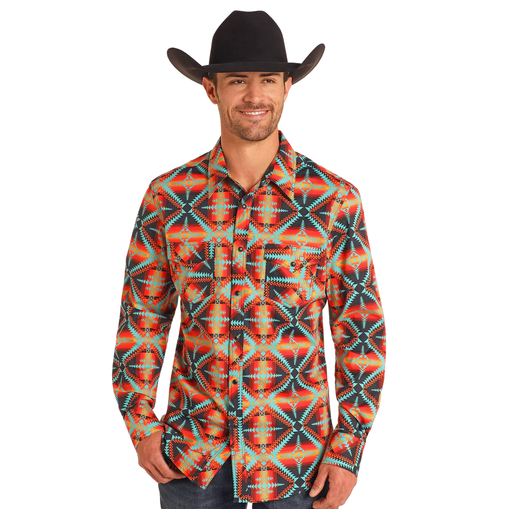 Rock & Roll Denim Men's Aztec Print Orange Snap Shirt BMN2S04738