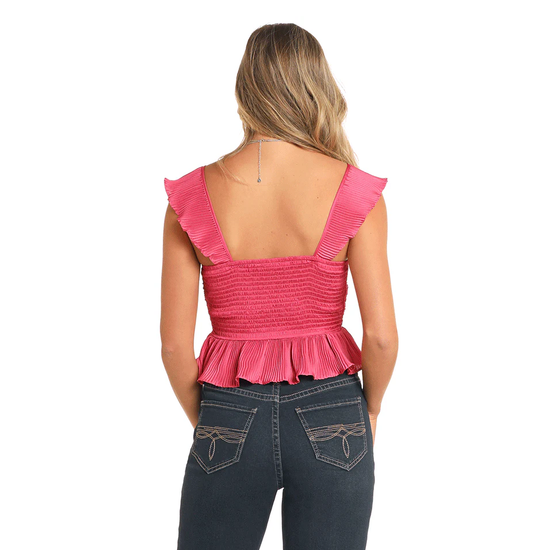 Rock & Roll Denim Ladies Ruched Fuchsia Ruffle Top BW20T04574