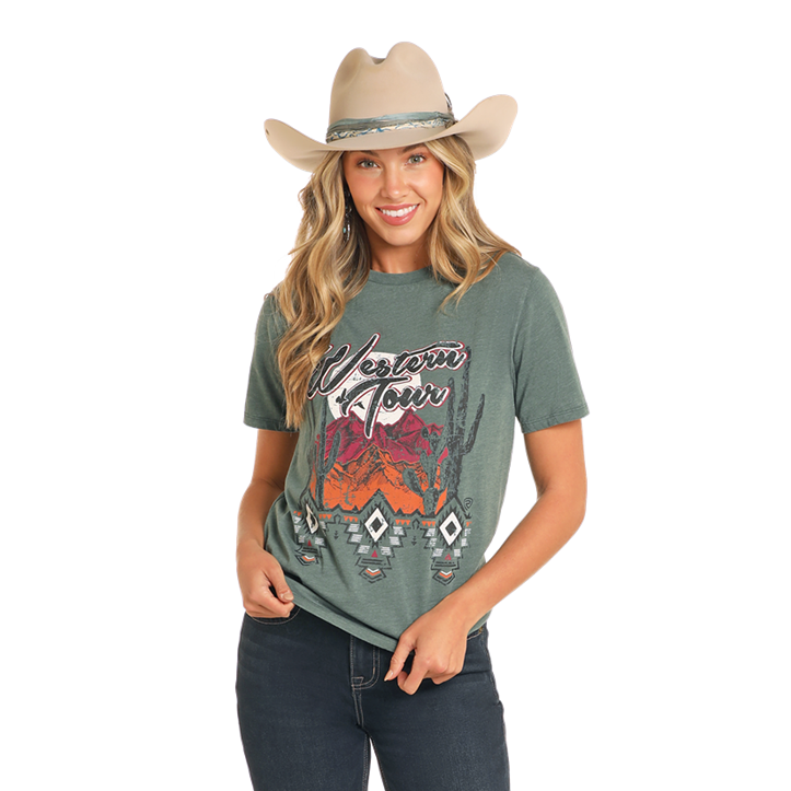 Rock & Roll Denim Ladies Teal Western Tour Graphic T-Shirt BW21T04525