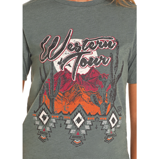 Rock & Roll Denim Ladies Teal Western Tour Graphic T-Shirt BW21T04525