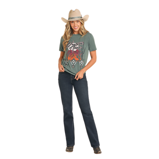 Rock & Roll Denim Ladies Teal Western Tour Graphic T-Shirt BW21T04525