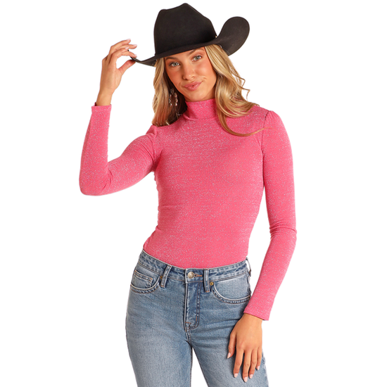 Rock & Roll Denim Ladies Lurex Turtleneck Hot Pink Top BW22T04478-67