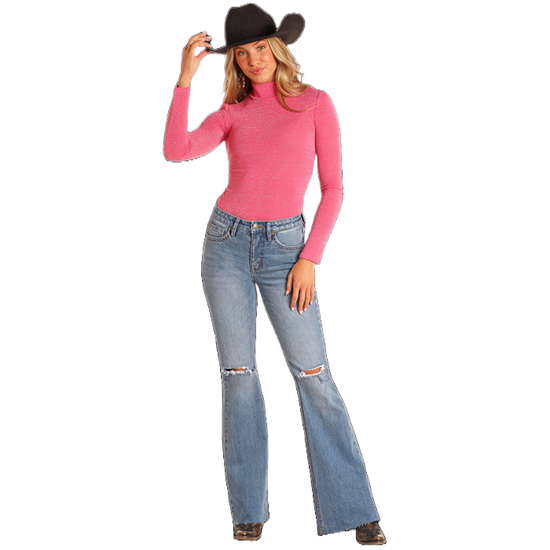 Rock & Roll Denim Ladies Lurex Turtleneck Hot Pink Top BW22T04478-67