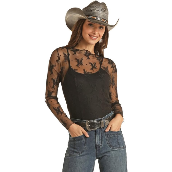 Rock & Roll Denim Ladies Mesh Lace Black Top BW22T04570