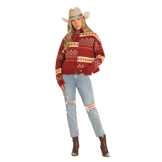 Rock & Roll Denim Ladies Modern Aztec Brown Sweater BW32T04466-24