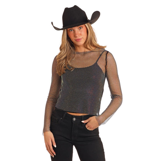 Rock & Roll Denim Ladies Rhinestone Mesh Black Top BW52T05250