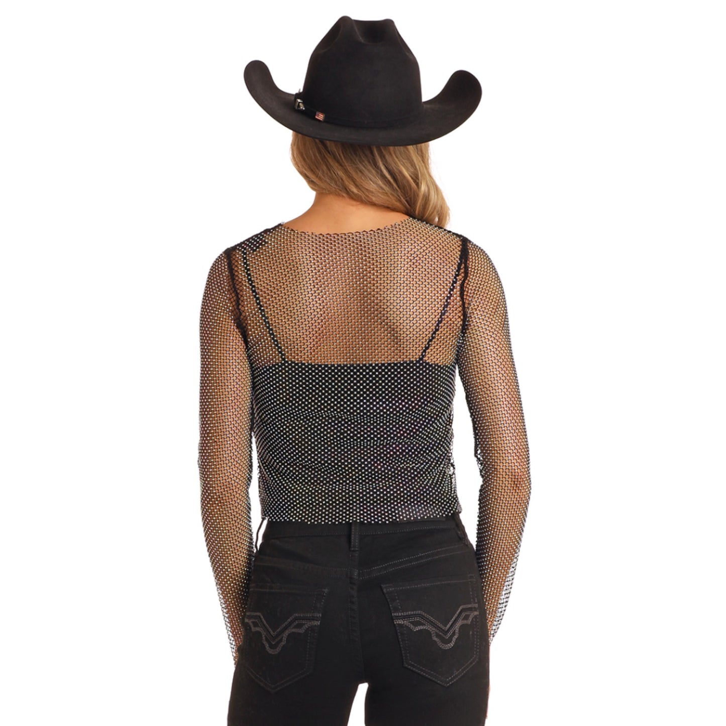 Rock & Roll Denim Ladies Rhinestone Mesh Black Top BW52T05250