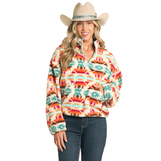 Rock & Roll Denim Ladies Aztec Print Teal Quarter Zip Sherpa BW91C04476-81