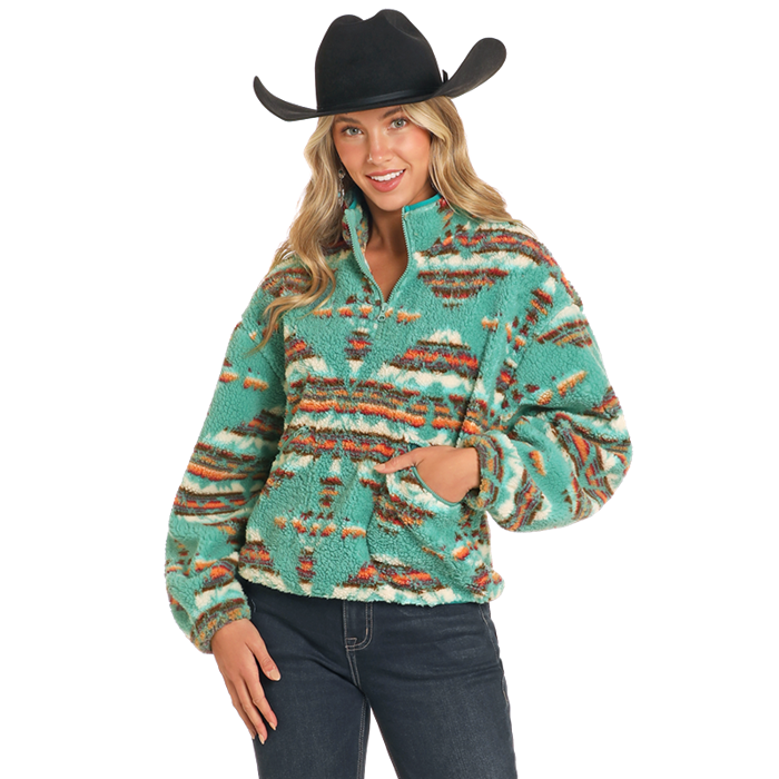 Rock & Roll Denim Ladies Aztec Print Teal Quarter Zip Sherpa BW91C04558