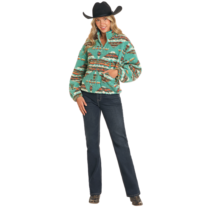 Rock & Roll Denim Ladies Aztec Print Teal Quarter Zip Sherpa BW91C04558