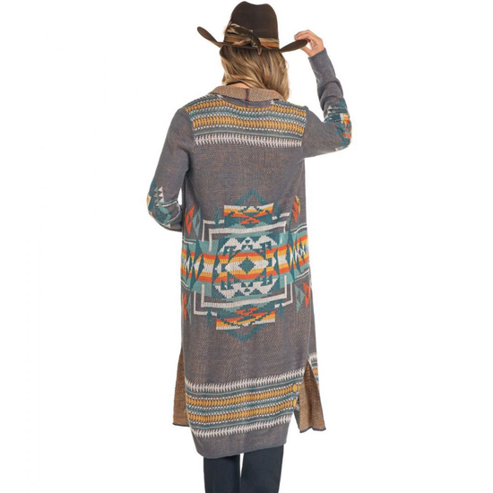 Rock & Roll Denim Ladies Aztec Print Charcoal Long Duster BW95T04468