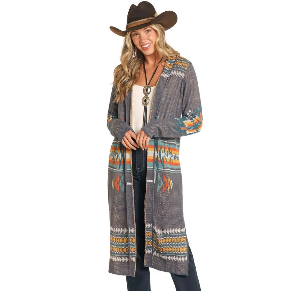 Rock & Roll Denim Ladies Aztec Print Charcoal Long Duster BW95T04468