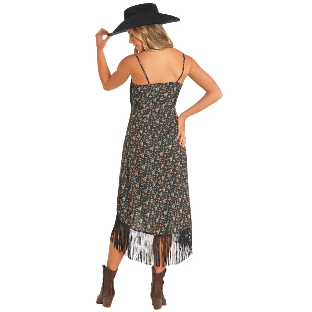 Rock & Roll Denim Ladies Floral Fringe Hem Black Slip Dress BWD0R04474