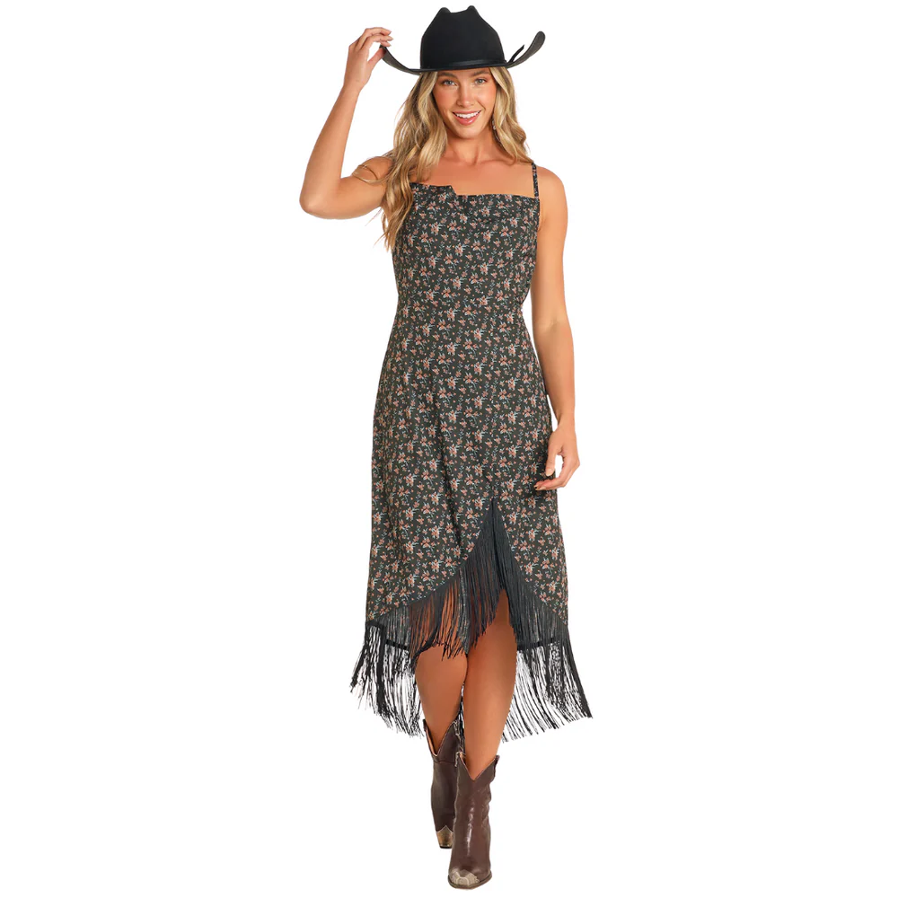 Rock & Roll Denim Ladies Floral Fringe Hem Black Slip Dress BWD0R04474